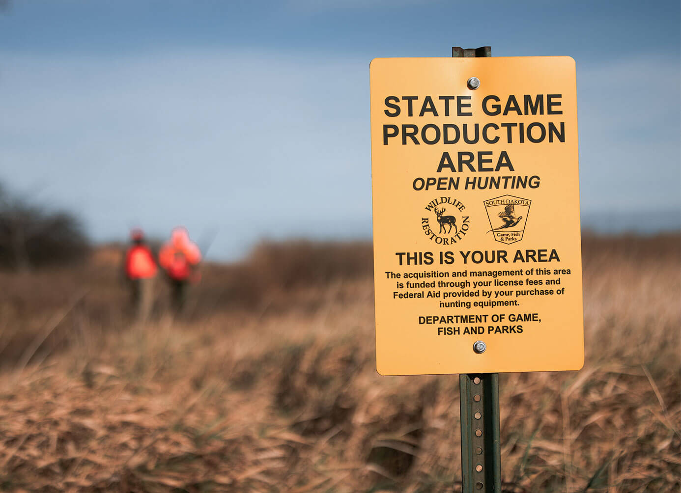 Open Hunting sign in foreground with two blurry hunters in the background